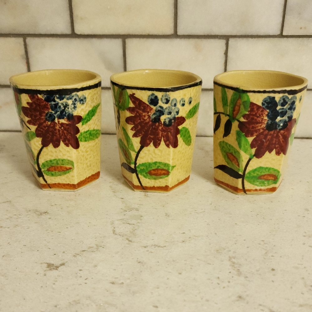 Set of 3 Majolica style Art Deco Ceramic Tumblers Made in Japan Vintage